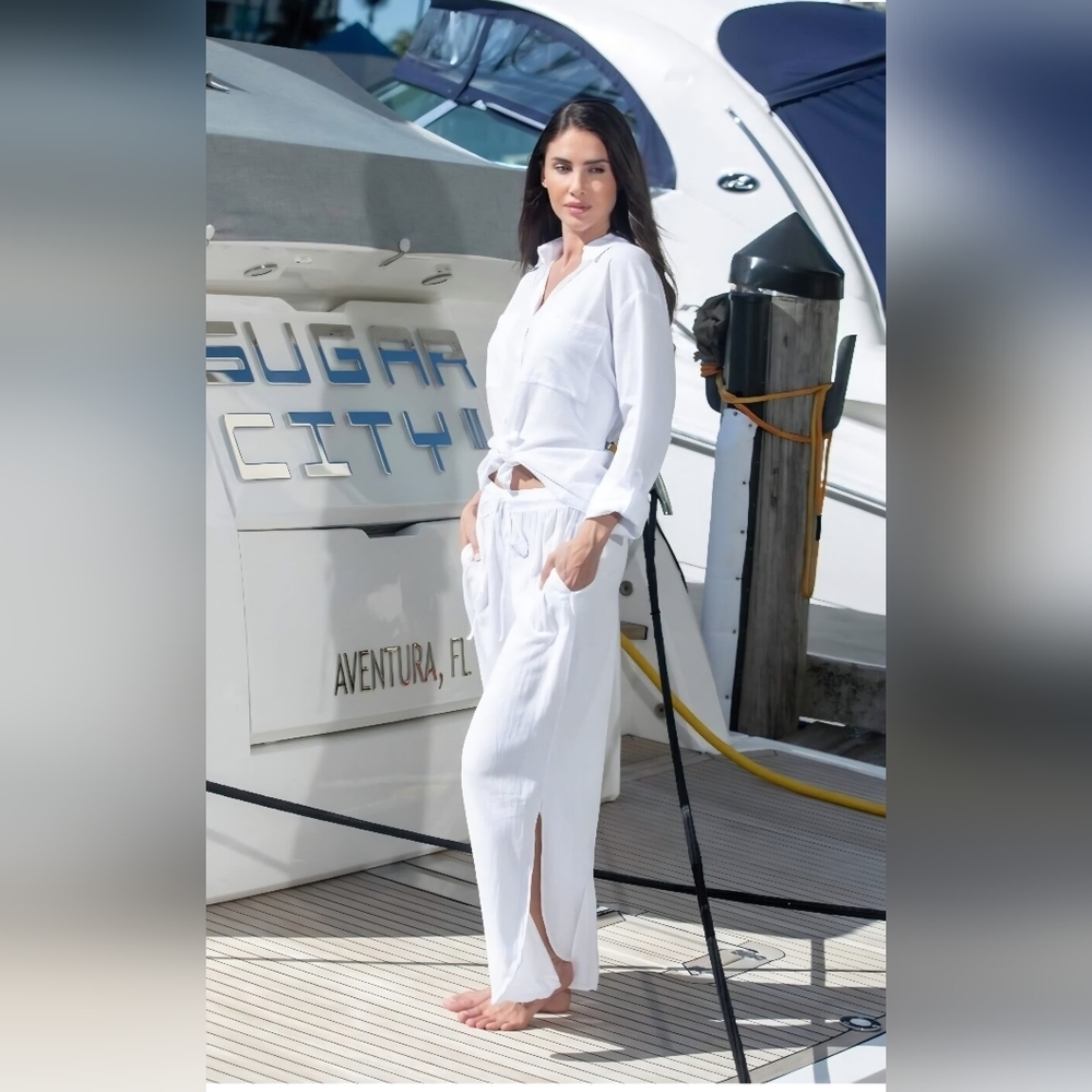 Cotton Natural 100% Cotton White Flowy Slit-Leg Thai Pants Size Small New!